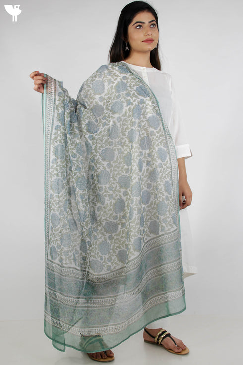 Kota Doria Dupatta In Floral Block Print